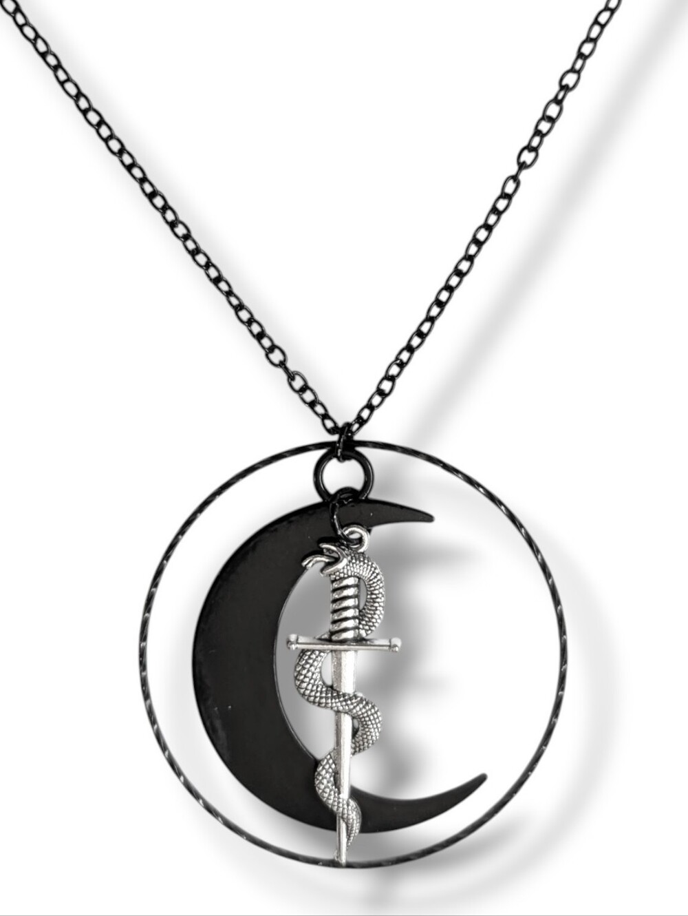 NWT Handmade Black Crescent Moon Silver Snake Wrapped Sword Hoop Necklace